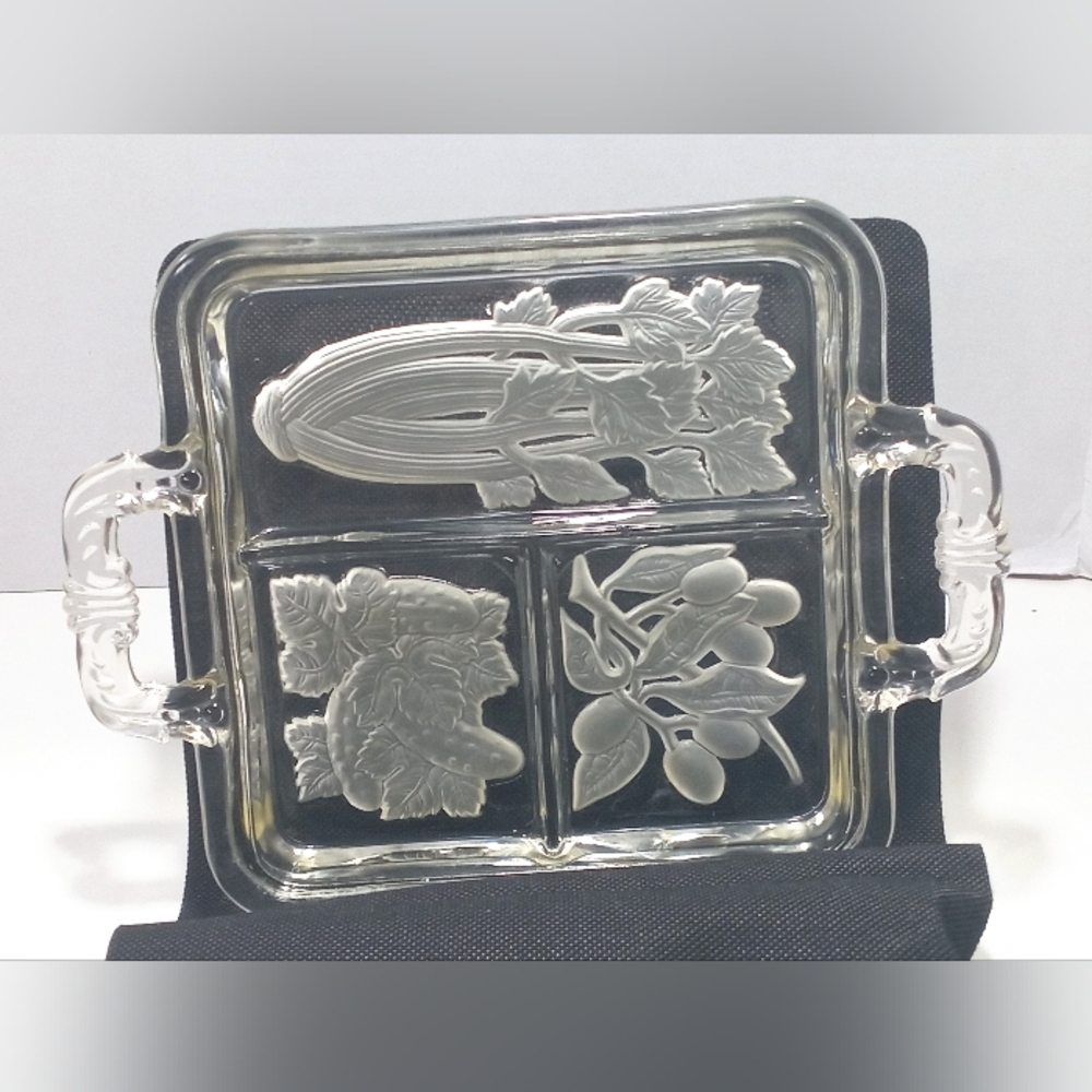 1940s Intaglio Glass Relish Tray Divided Three Sections